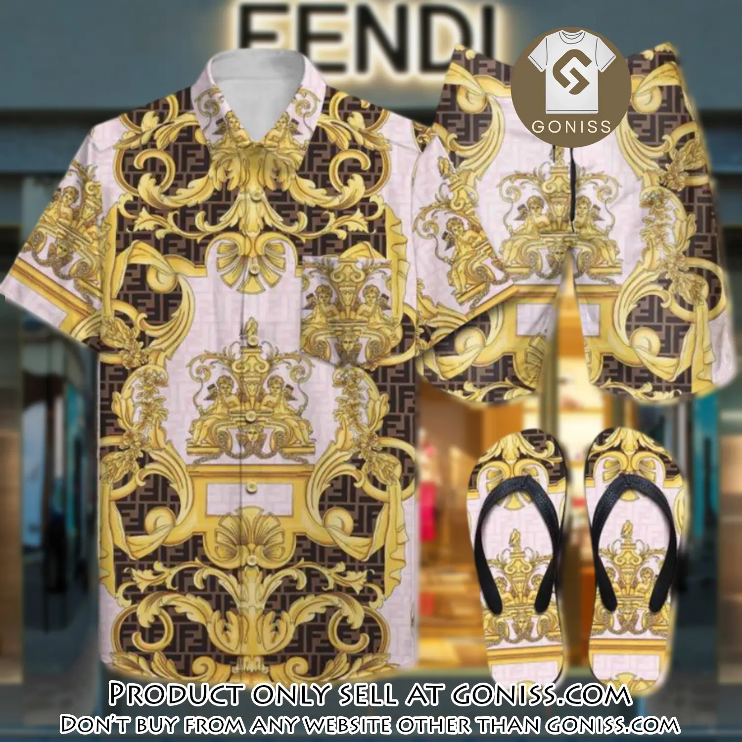 Fendi summer outfitsace flip flops and combo hawaii shirt shorts luxury brand summer outfit hsf318 gn0552528